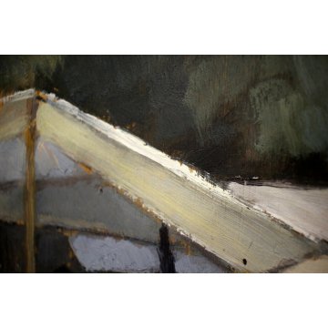  ANTICO DIPINTO OLIO TAVOLA E. Necchi SCORCIO MERCATO NATURA MORTA AGLIO CIPOLLA