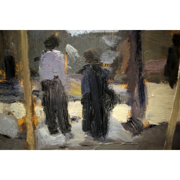  ANTICO DIPINTO OLIO TAVOLA E. Necchi SCORCIO MERCATO NATURA MORTA AGLIO CIPOLLA