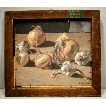  ANTICO DIPINTO OLIO TAVOLA E. Necchi SCORCIO MERCATO NATURA MORTA AGLIO CIPOLLA
