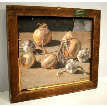  ANTICO DIPINTO OLIO TAVOLA E. Necchi SCORCIO MERCATO NATURA MORTA AGLIO CIPOLLA