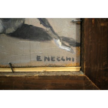  ANTICO DIPINTO OLIO TAVOLA E. Necchi SCORCIO MERCATO NATURA MORTA AGLIO CIPOLLA