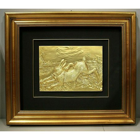 BASSORILIEVO ARGENTO 1000/1000 PLACATO ORO 18K Lepre con donnola Ligabue 153/499