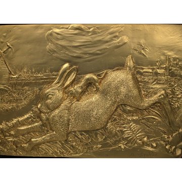 BASSORILIEVO ARGENTO 1000/1000 PLACATO ORO 18K Lepre con donnola Ligabue 153/499