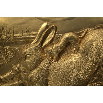 BASSORILIEVO ARGENTO 1000/1000 PLACATO ORO 18K Lepre con donnola Ligabue 153/499