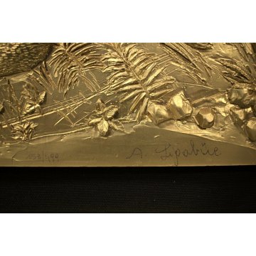 BASSORILIEVO ARGENTO 1000/1000 PLACATO ORO 18K Lepre con donnola Ligabue 153/499
