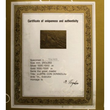 BASSORILIEVO ARGENTO 1000/1000 PLACATO ORO 18K Lepre con donnola Ligabue 153/499