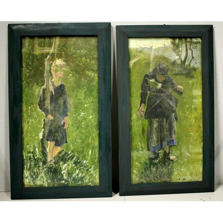COPPIA ANTICO DIPINTO OLIO E.Poletti RITRATTO ANZIANA FILA la LANA FANCIULLO '31