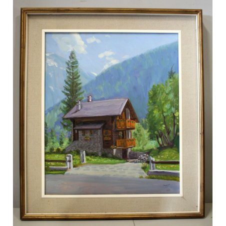 QUADRO DIPINTO OLIO TAVOLA Carlo Coppo PAESAGGIO MONTANO Macugnaga BAITA 1972 