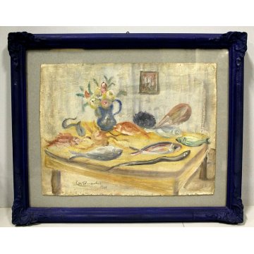 ANTICO QUADRO OLIO CARTONE Luigi De Angelis NATURA MORTA PESCE di MARE FIORI '41