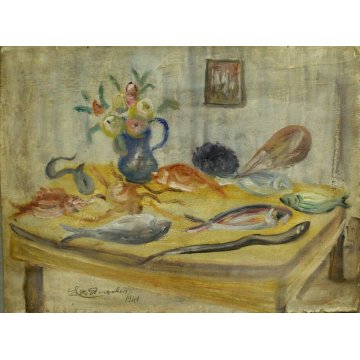 ANTICO QUADRO OLIO CARTONE Luigi De Angelis NATURA MORTA PESCE di MARE FIORI '41
