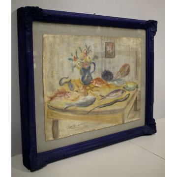 ANTICO QUADRO OLIO CARTONE Luigi De Angelis NATURA MORTA PESCE di MARE FIORI '41