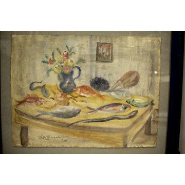 ANTICO QUADRO OLIO CARTONE Luigi De Angelis NATURA MORTA PESCE di MARE FIORI '41