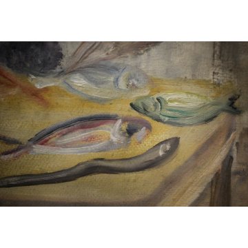 ANTICO QUADRO OLIO CARTONE Luigi De Angelis NATURA MORTA PESCE di MARE FIORI '41