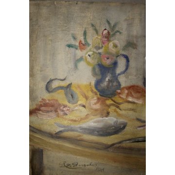 ANTICO QUADRO OLIO CARTONE Luigi De Angelis NATURA MORTA PESCE di MARE FIORI '41