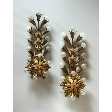 ANTICA COPPIA APPLIQUE Liberty LAMPADA MURO METALLO DORATO FOGLIE ACANTO 15 LUMI