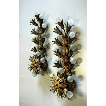 ANTICA COPPIA APPLIQUE Liberty LAMPADA MURO METALLO DORATO FOGLIE ACANTO 15 LUMI