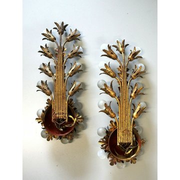 ANTICA COPPIA APPLIQUE Liberty LAMPADA MURO METALLO DORATO FOGLIE ACANTO 15 LUMI