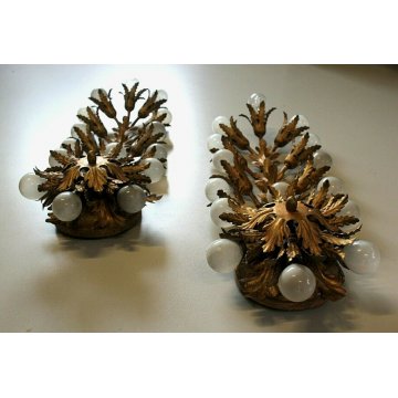 ANTICA COPPIA APPLIQUE Liberty LAMPADA MURO METALLO DORATO FOGLIE ACANTO 15 LUMI