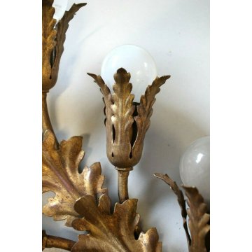 ANTICA COPPIA APPLIQUE Liberty LAMPADA MURO METALLO DORATO FOGLIE ACANTO 15 LUMI