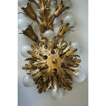 ANTICA COPPIA APPLIQUE Liberty LAMPADA MURO METALLO DORATO FOGLIE ACANTO 15 LUMI