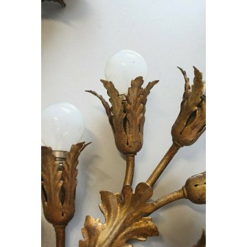 ANTICA COPPIA APPLIQUE Liberty LAMPADA MURO METALLO DORATO FOGLIE ACANTO 15 LUMI