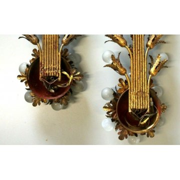 ANTICA COPPIA APPLIQUE Liberty LAMPADA MURO METALLO DORATO FOGLIE ACANTO 15 LUMI