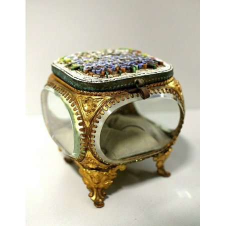 ANTICO COFANETTO SCRIGNO LIBERTY CRISTALLO MOLATO MICROMOSAICO PASTA VETRO '800