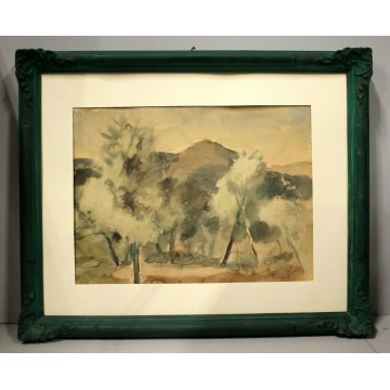 ANTICO QUADRO ACQUERELLO CARTA Enzo Morelli PAESAGGIO COLLINARE UMBRIA ASSISI 44