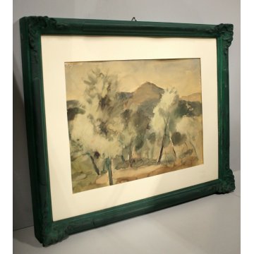 ANTICO QUADRO ACQUERELLO CARTA Enzo Morelli PAESAGGIO COLLINARE UMBRIA ASSISI 44