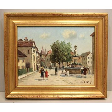 ANTICO QUADRO DIPINTO OLIO TELA H.Carardi VEDUTA BORGO PIAZZA FIGURE FONTANA 900