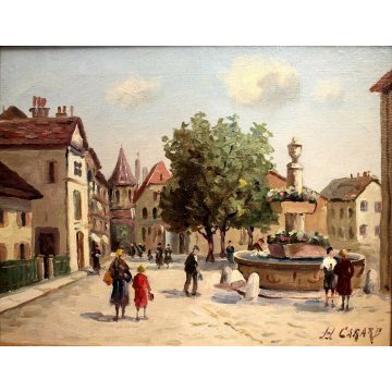 ANTICO QUADRO DIPINTO OLIO TELA H.Carardi VEDUTA BORGO PIAZZA FIGURE FONTANA 900