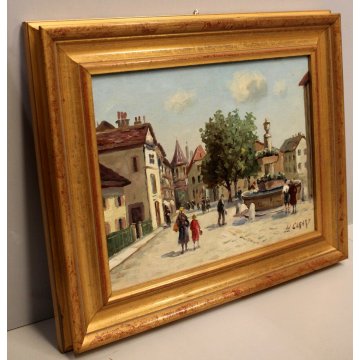 ANTICO QUADRO DIPINTO OLIO TELA H.Carardi VEDUTA BORGO PIAZZA FIGURE FONTANA 900