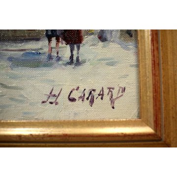 ANTICO QUADRO DIPINTO OLIO TELA H.Carardi VEDUTA BORGO PIAZZA FIGURE FONTANA 900