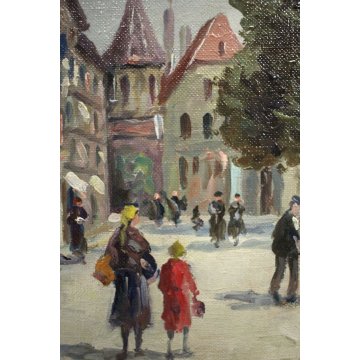 ANTICO QUADRO DIPINTO OLIO TELA H.Carardi VEDUTA BORGO PIAZZA FIGURE FONTANA 900