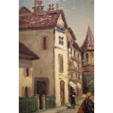 ANTICO QUADRO DIPINTO OLIO TELA H.Carardi VEDUTA BORGO PIAZZA FIGURE FONTANA 900