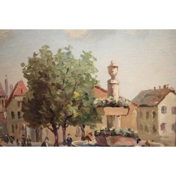 ANTICO QUADRO DIPINTO OLIO TELA H.Carardi VEDUTA BORGO PIAZZA FIGURE FONTANA 900