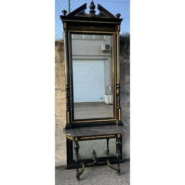 ANTICA CONSOLLE SPECCHIERA PRIMI 900 INTARSIATA OTTONE MADREPERLA EBANIZZATA 