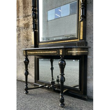 ANTICA CONSOLLE SPECCHIERA PRIMI 900 INTARSIATA OTTONE MADREPERLA EBANIZZATA 