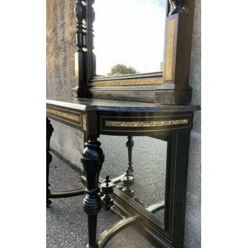 ANTICA CONSOLLE SPECCHIERA PRIMI 900 INTARSIATA OTTONE MADREPERLA EBANIZZATA 