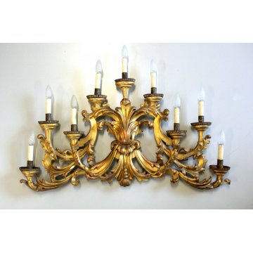 ANTICO CANDELIERE BAROCCO APPLIQUE 9LUMI LEGNO DECORO ACANTO GESSATO DORATO '800