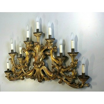 ANTICO CANDELIERE BAROCCO APPLIQUE 9LUMI LEGNO DECORO ACANTO GESSATO DORATO '800