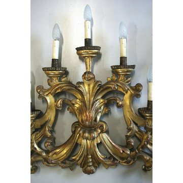 ANTICO CANDELIERE BAROCCO APPLIQUE 9LUMI LEGNO DECORO ACANTO GESSATO DORATO '800