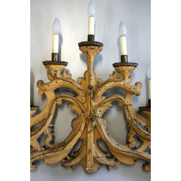 ANTICO CANDELIERE BAROCCO APPLIQUE 9LUMI LEGNO DECORO ACANTO GESSATO DORATO '800