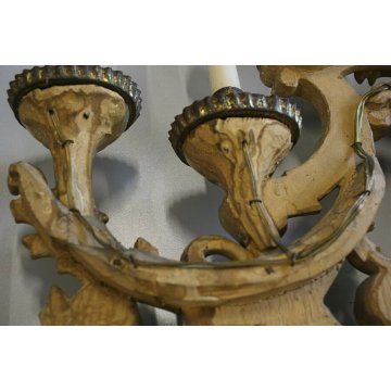 ANTICO CANDELIERE BAROCCO APPLIQUE 9LUMI LEGNO DECORO ACANTO GESSATO DORATO '800