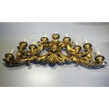 ANTICO CANDELIERE BAROCCO APPLIQUE 9LUMI LEGNO DECORO ACANTO GESSATO DORATO '800