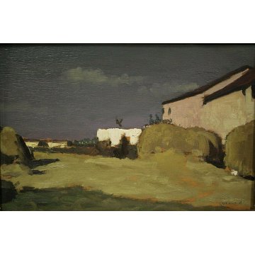 ANTICO QUADRO DIPINTO OLIO TAVOLA L. Roncaglia PAESGGIO AGRESTE MACCHIAIOLO 1938