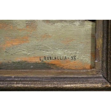 ANTICO QUADRO DIPINTO OLIO TAVOLA L. Roncaglia PAESGGIO AGRESTE MACCHIAIOLO 1938