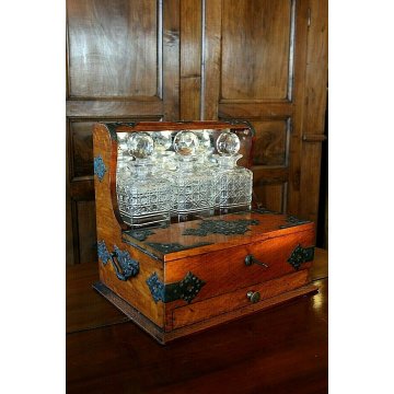 ANTICO MOBILETTO CASSETTA VIAGGIO PORTA LIQUORE ROVERE FERRO BATTUTO 3BOTT. '800