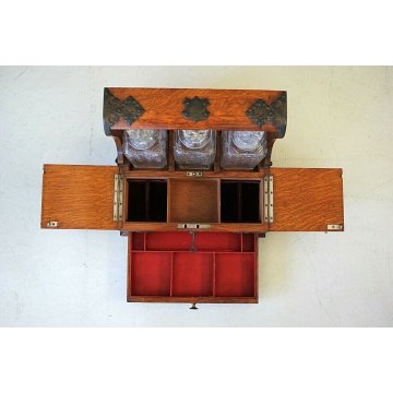ANTICO MOBILETTO CASSETTA VIAGGIO PORTA LIQUORE ROVERE FERRO BATTUTO 3BOTT. '800