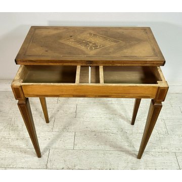 ANTICO TAVOLO DA GIOCO INTARSIATO LEGNO MASSELLO NOCE 1900 GAME TABLE TAVOLINO 